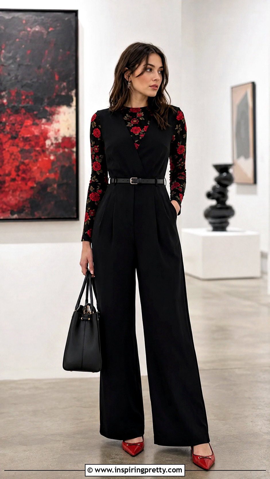 Black Top With Red Roses And Black Jumpsuit Layering - 25 Black Top With Red Roses