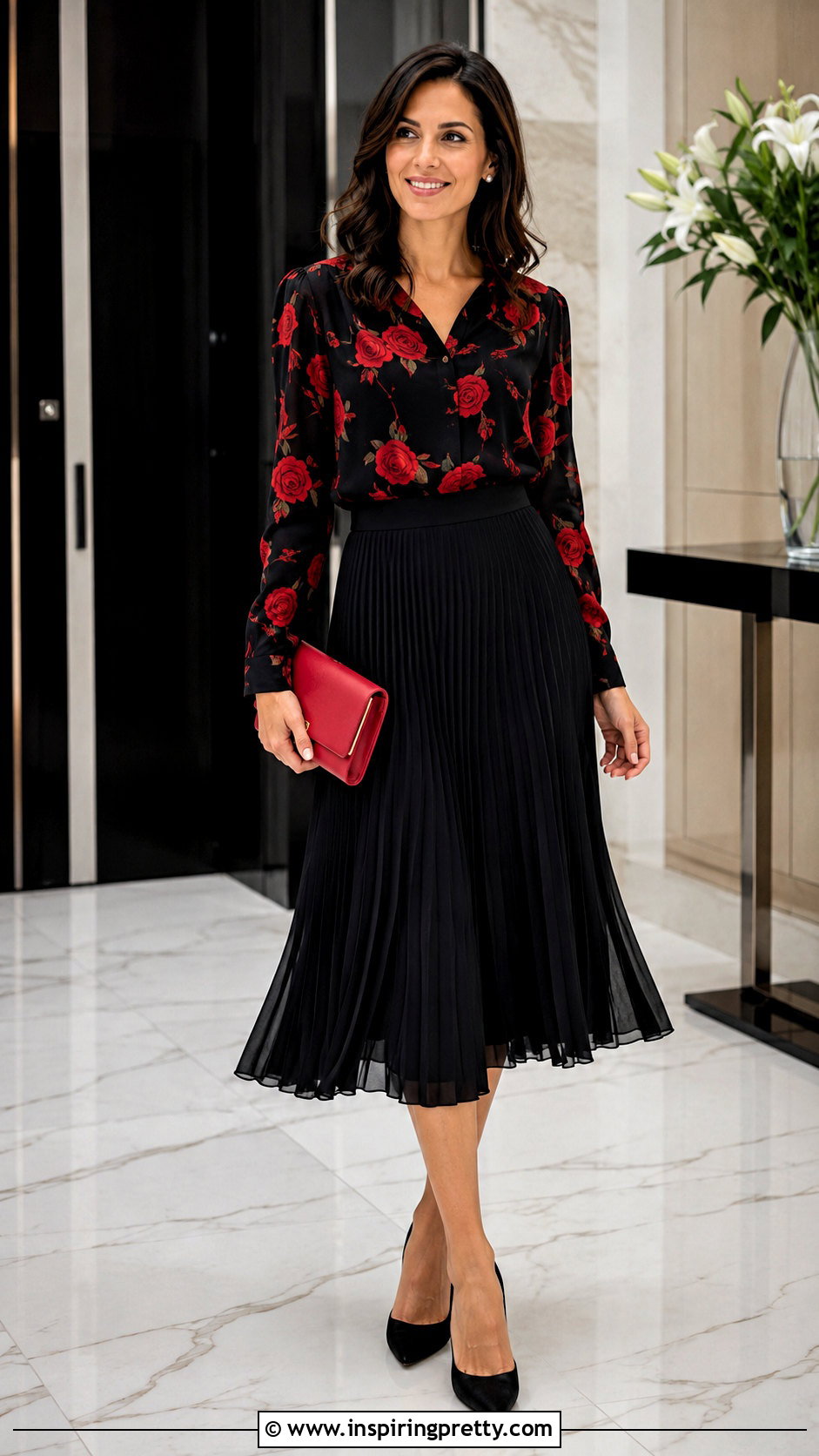 Black Top With Red Roses And Black Midi Skirt - 25 Black Top With Red Roses