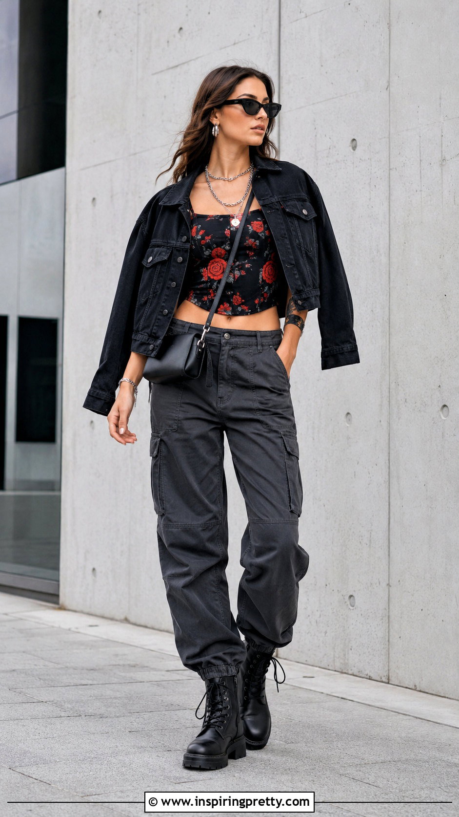 Black Top With Red Roses And Cargo Pants - 25 Black Top With Red Roses