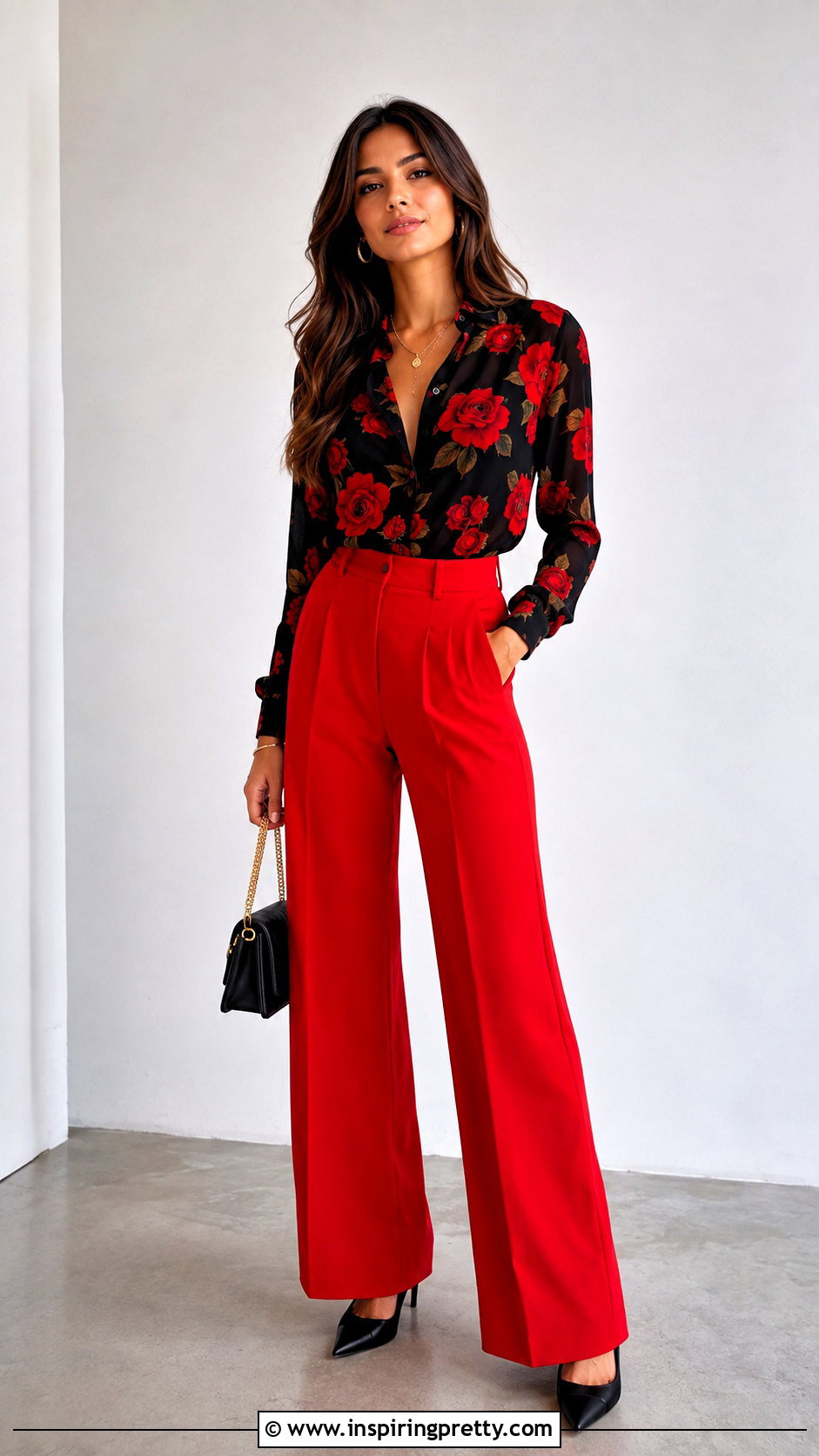 Black Top With Red Roses And Red Trousers - 25 Black Top With Red Roses