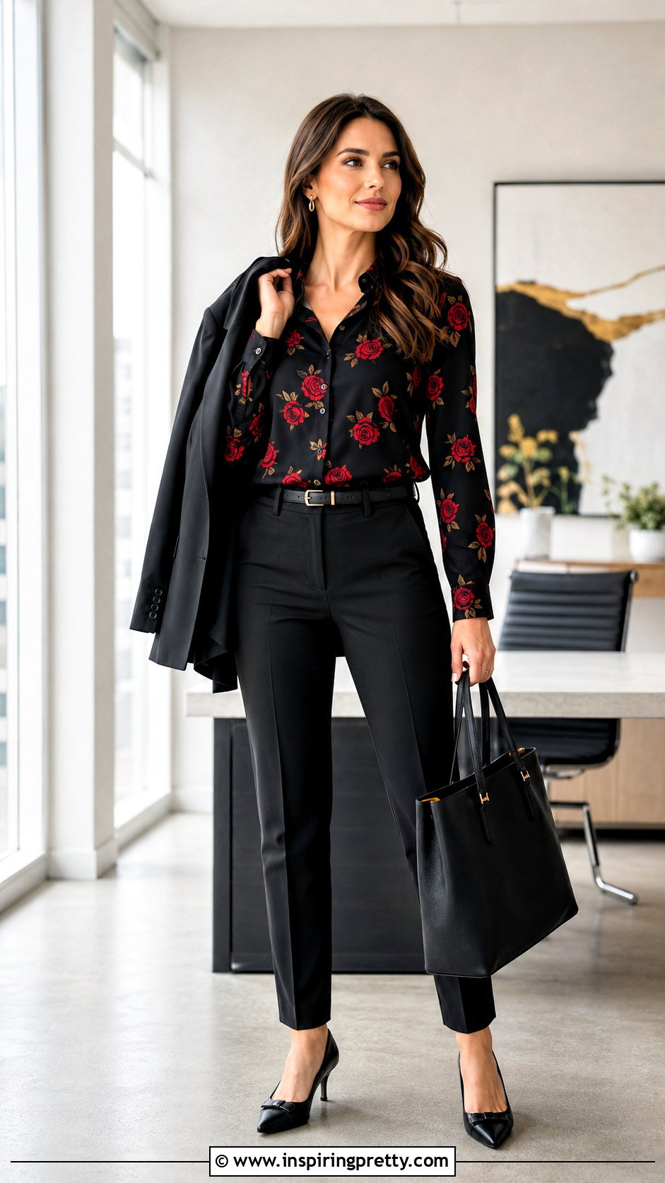Black Top With Red Roses And Tailored Black Trousers - 25 Black Top With Red Roses