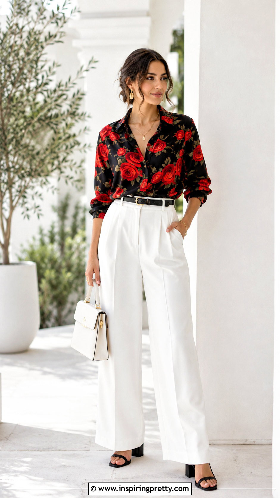 Black Top With Red Roses And White Wide Leg Pants - 25 Black Top With Red Roses