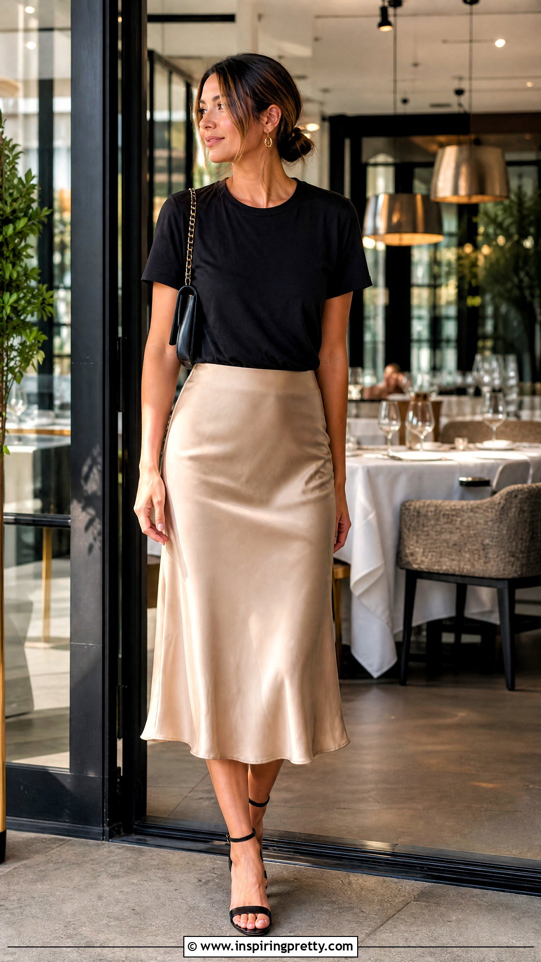 Black Top With Satin Midi Skirt - 50 basic black top outfit ideas