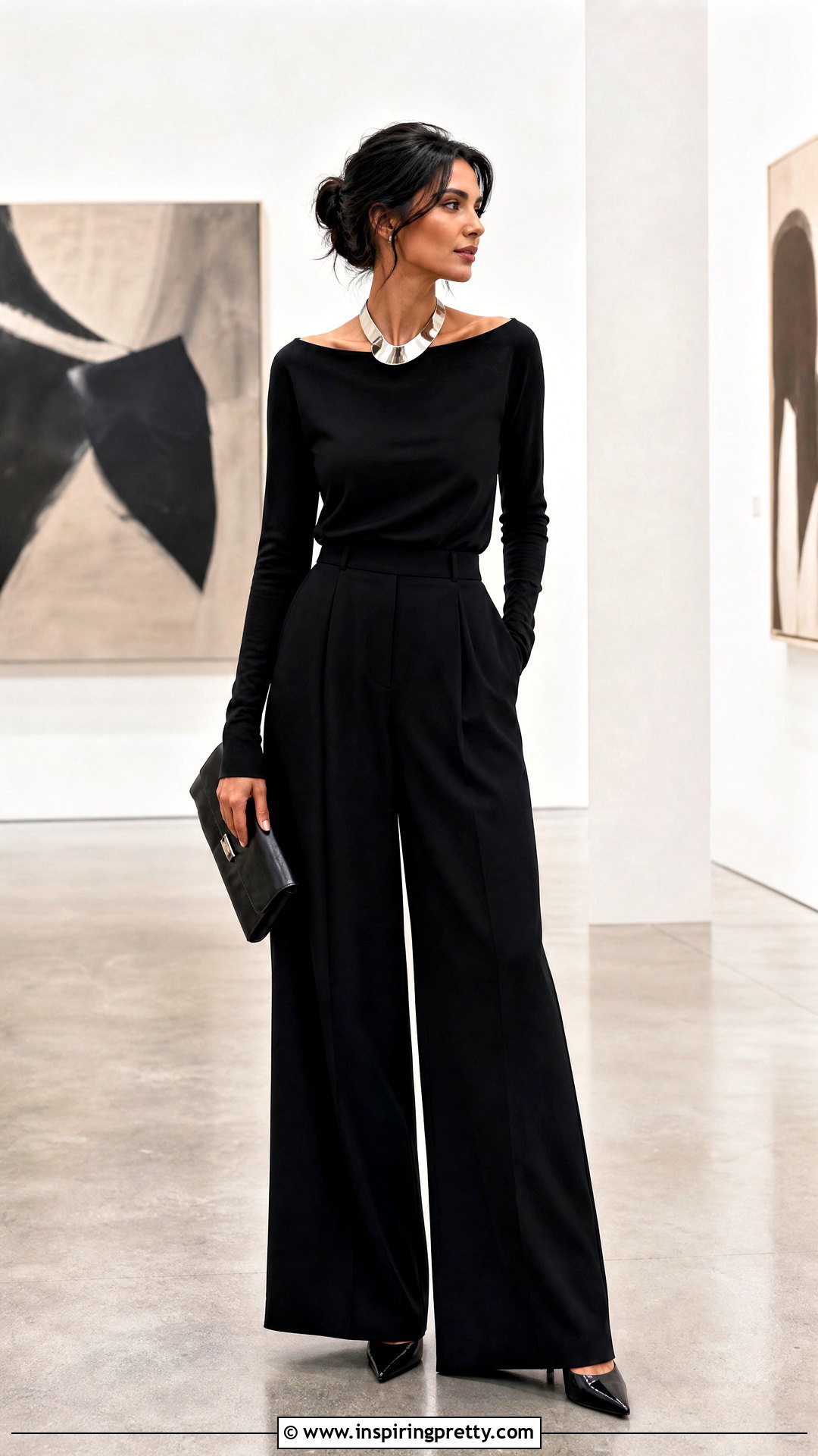 Black Top With Statement Necklace And Palazzo Pants - 50 basic black top outfit ideas