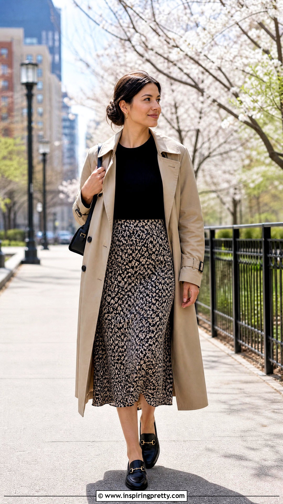 Black Top With Trench Coat And Midi Skirt - 50 black top outfit ideas