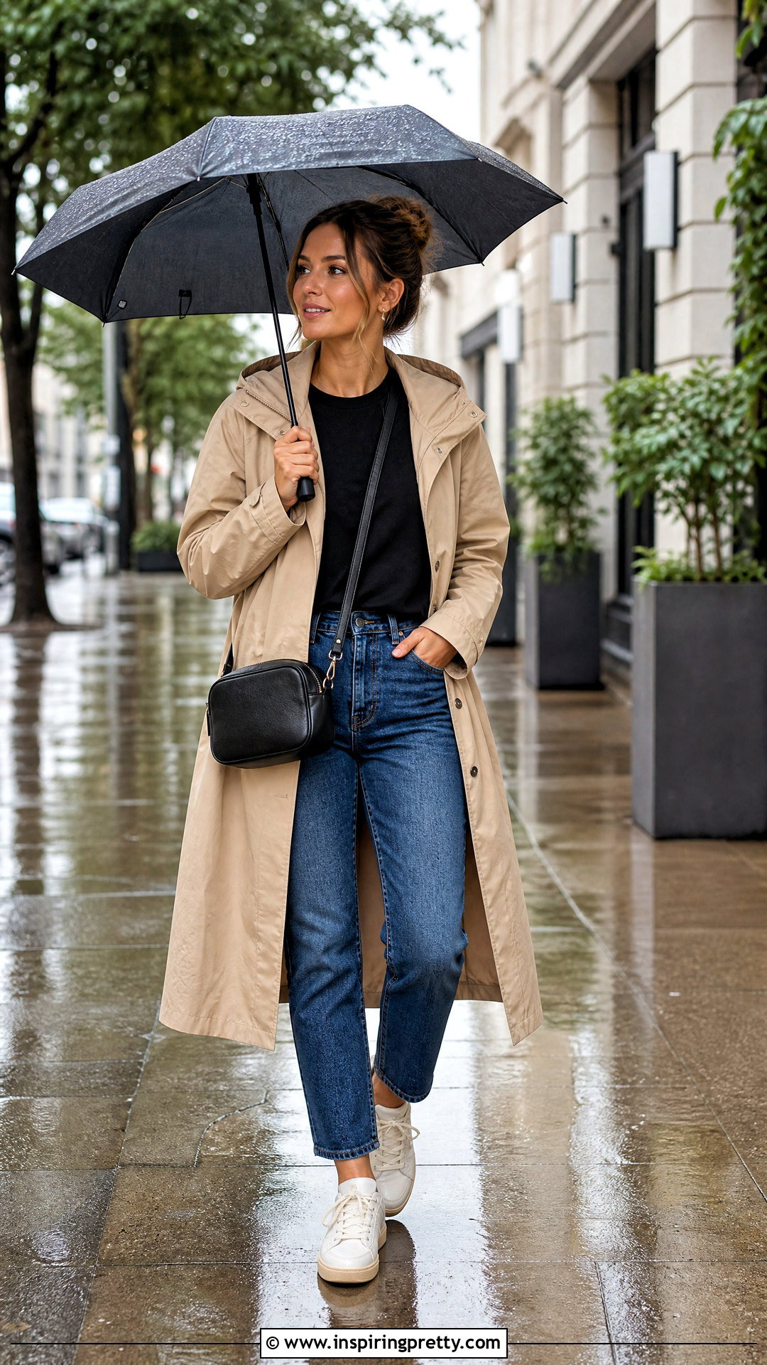 Black Top With Trench Coat And Sneakers - 50 black top outfit casual ideas