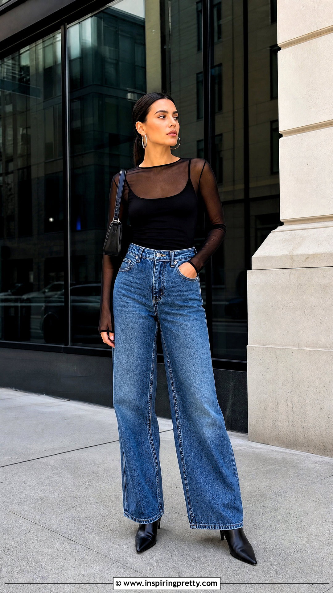 Black Topshop Mesh Top With Wide Leg Jeans - 20 Topshop Mesh Top outfit ideas