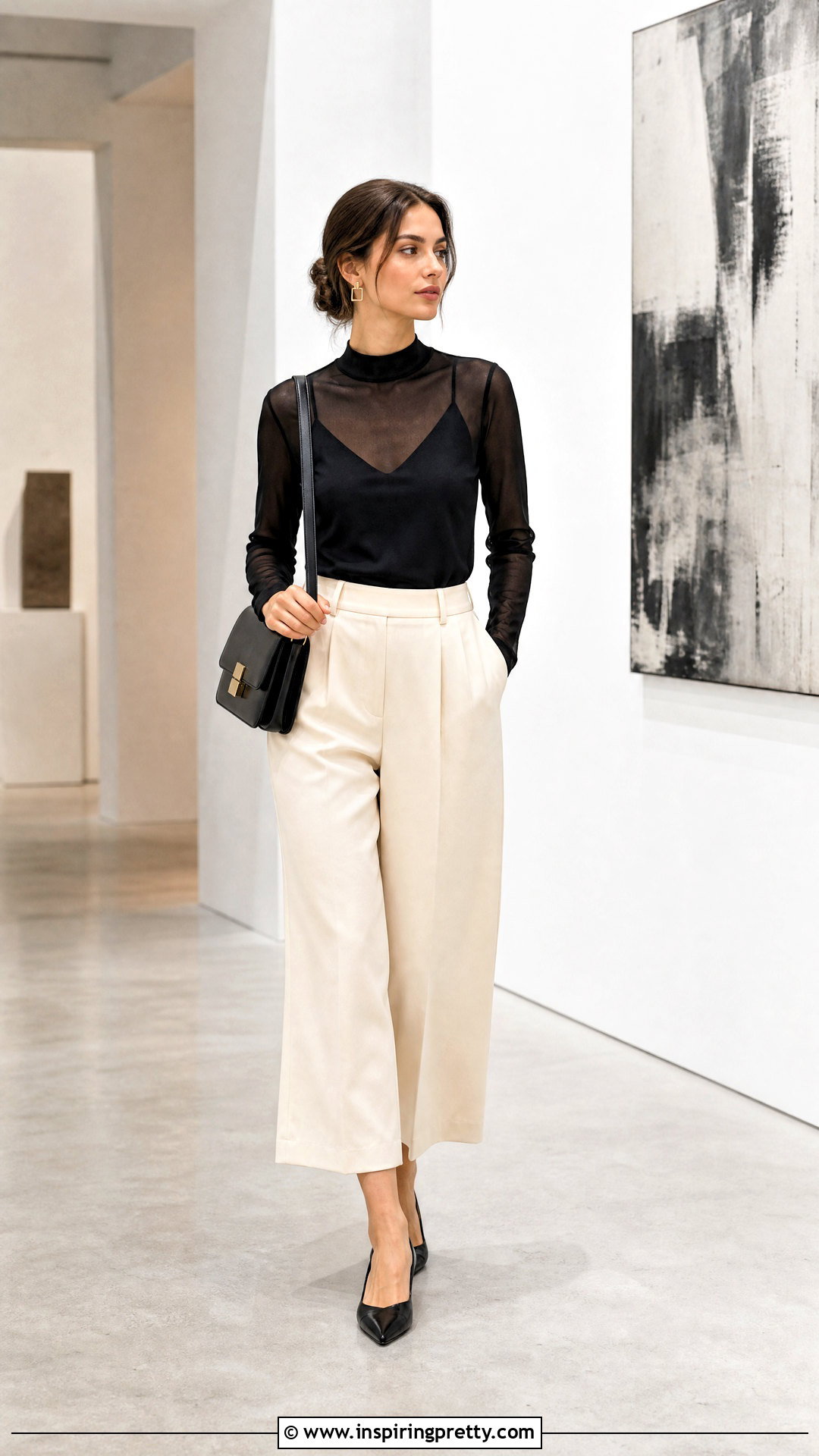 Black Transparent Mock Neck Top With Culottes - 50 black transparent top outfit ideas