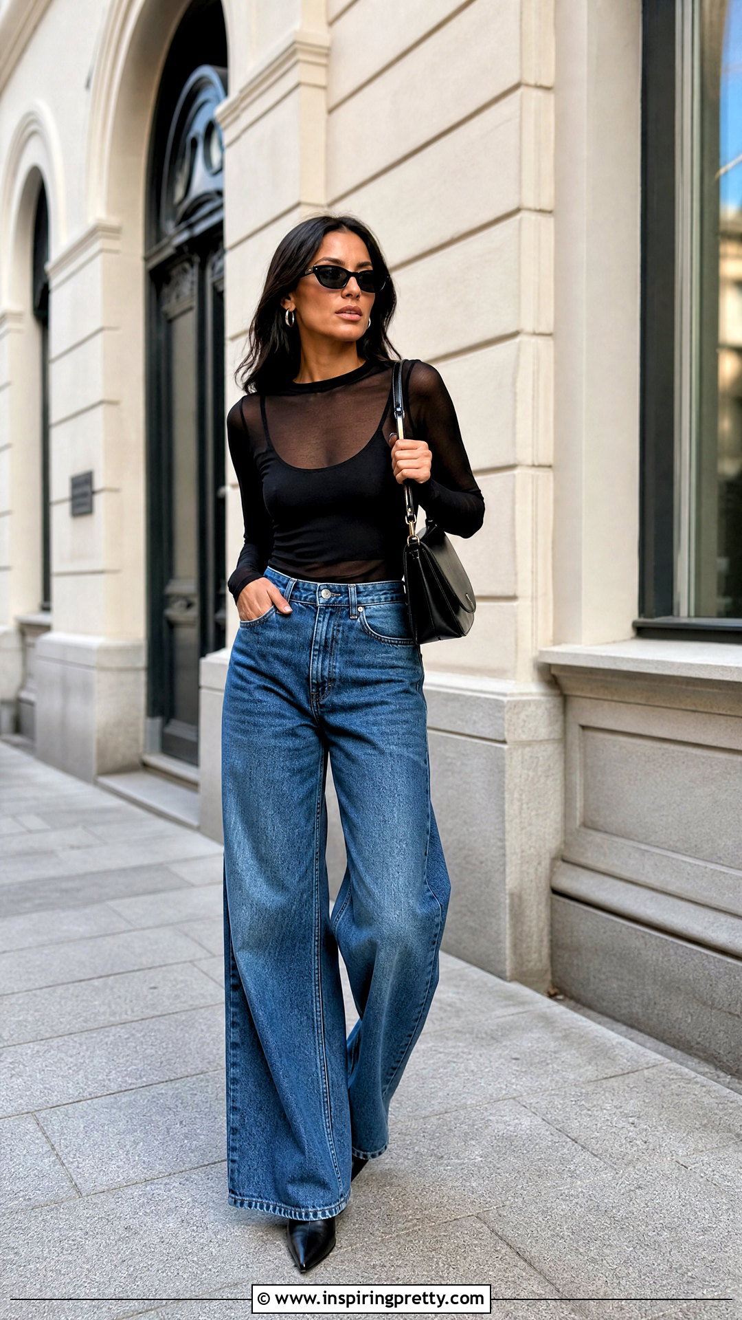 Black Transparent Top With Wide Leg Jeans - 50 black transparent top outfit ideas