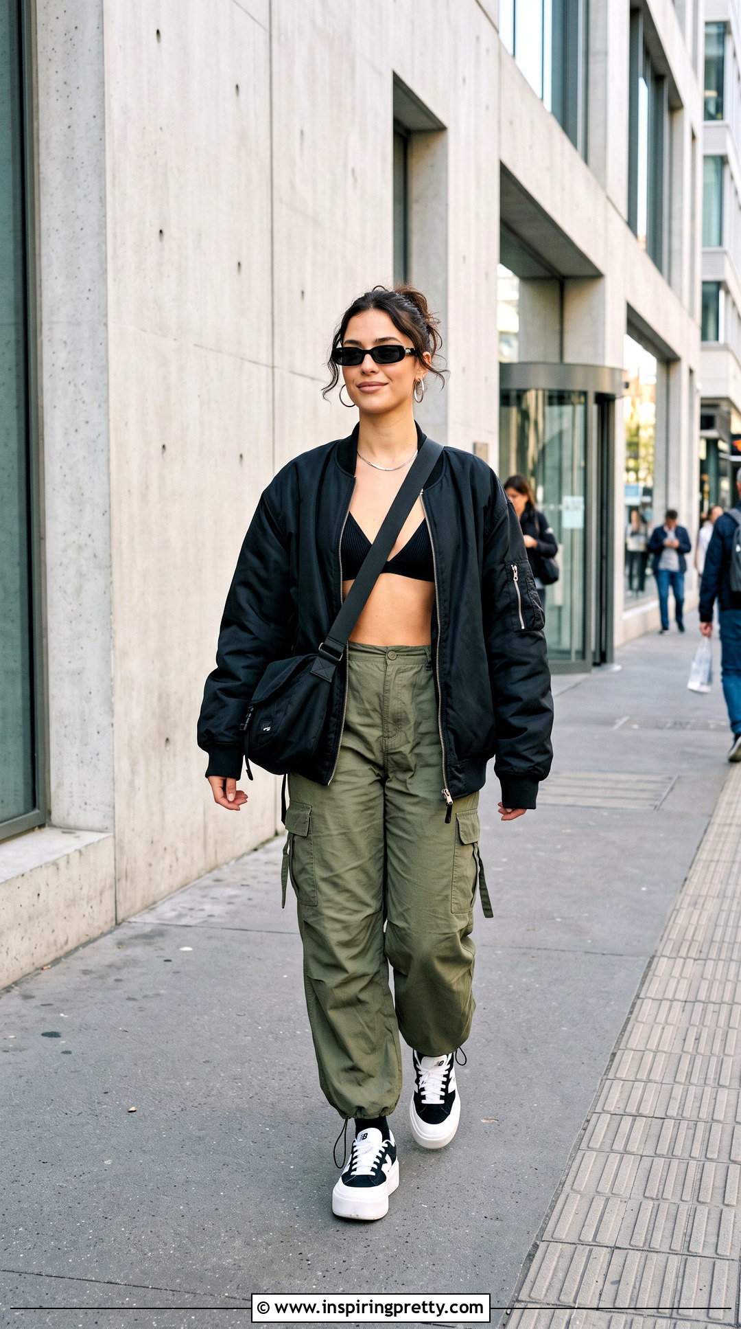 Black Triangle Bralette With Cargo Pants And Bomber Jacket - 20 black triangle bralette top outfit ideas