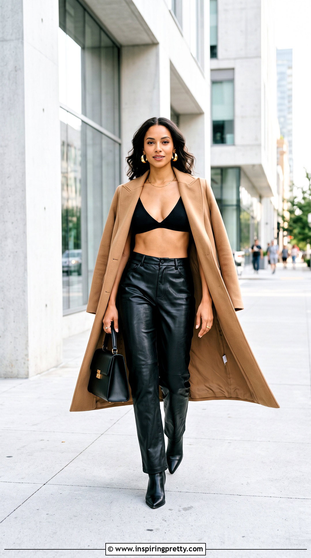 Black Triangle Bralette With Faux Leather Pants And Long Coat - 20 black triangle bralette top outfit ideas