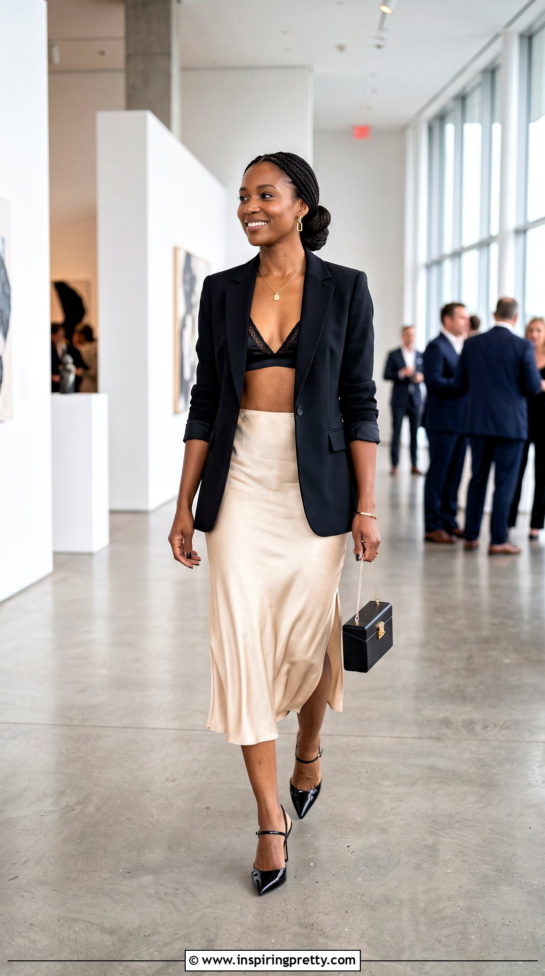 Black Triangle Bralette With Satin Midi Skirt And Blazer - 20 black triangle bralette top outfit ideas