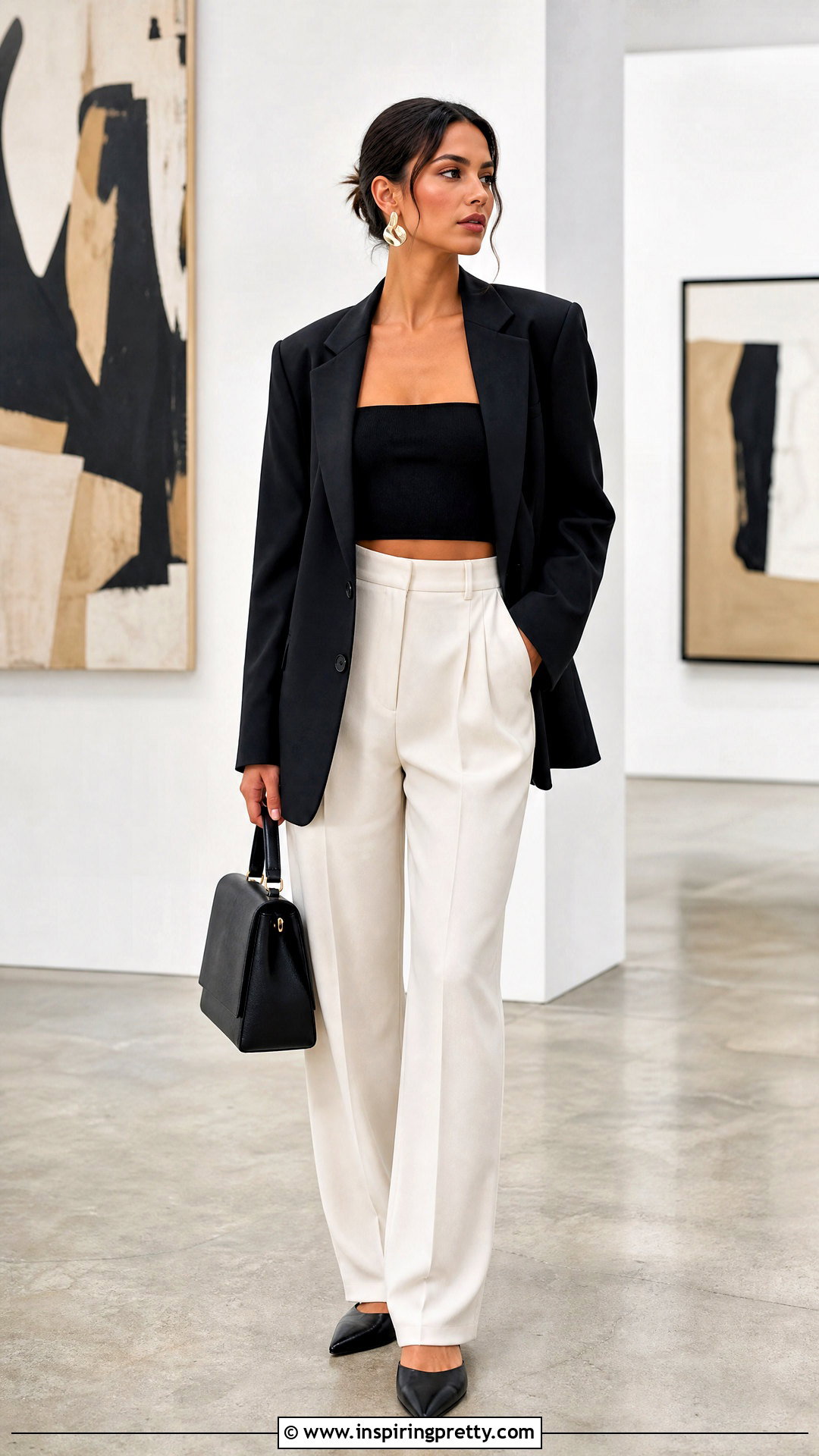 Black Tube Crop Top With Blazer And Trousers - 50 black crop top outfit ideas