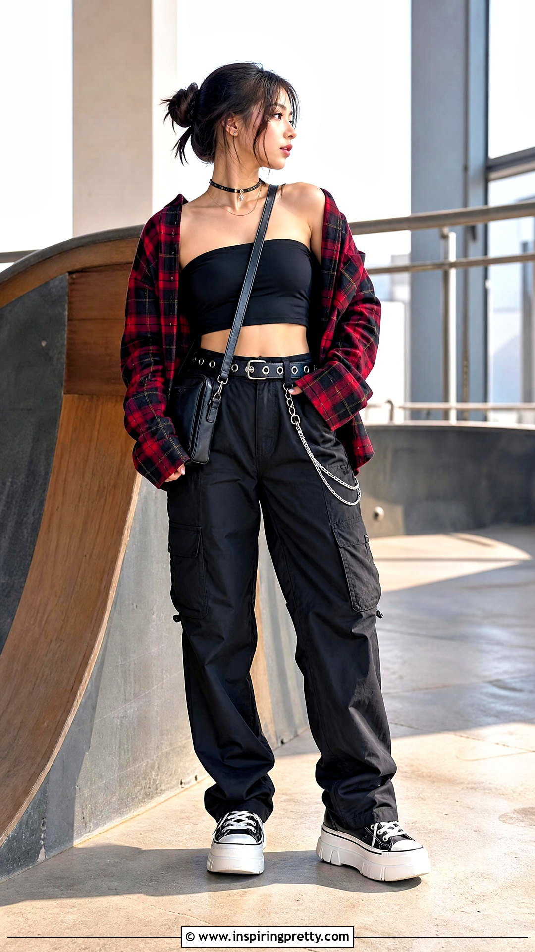 Black Tube Top And Oversized Flannel Emo Outfit - 50 emo top outfit ideas
