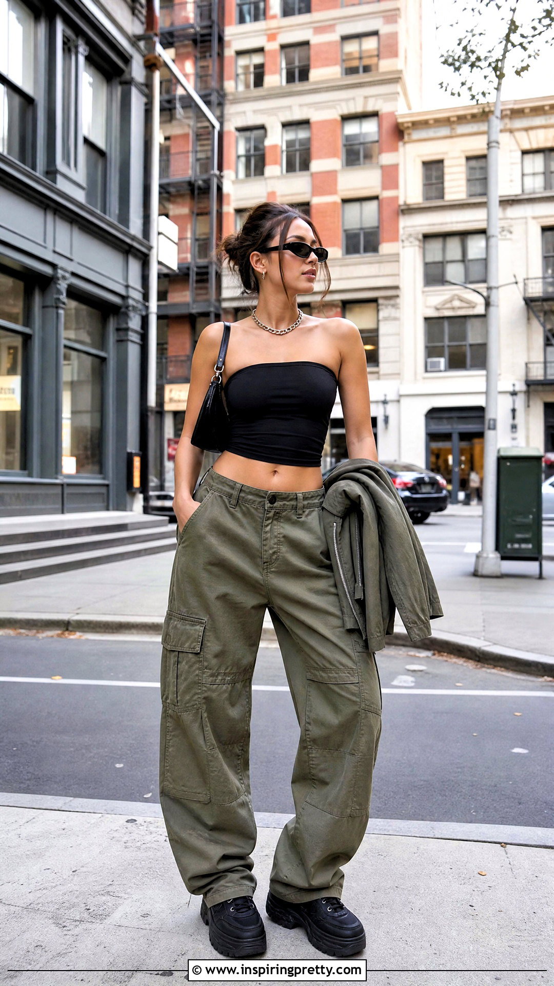 Black Tube Top With Cargo Pants - 25 Dua Lipa Black Top outfit ideas