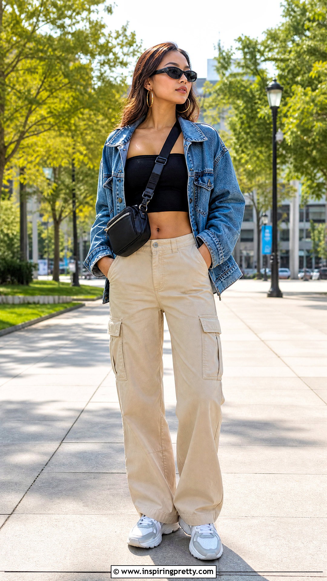 Black Tube Top With Denim Jacket And Cargo Pants - 50 black tube top outfit ideas