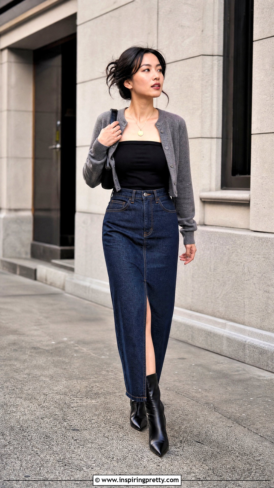 Black Tube Top With Denim Maxi Skirt - 50 black tube top outfit ideas