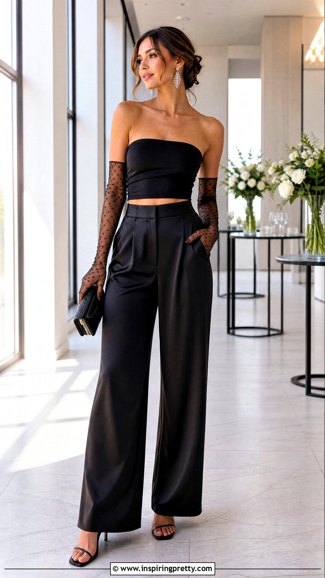 Black Tube Top With Tulle Gloves And Satin Pants - 25 Black Top With Gloves