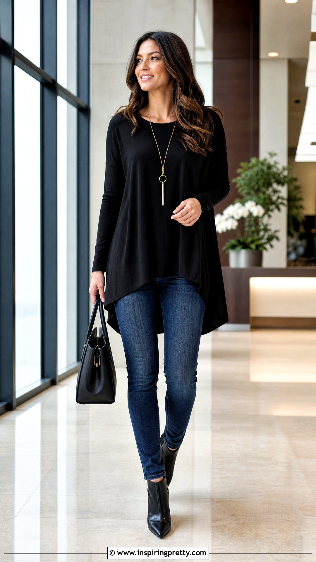Black Tunic Top With Slim Blue Jeans - 50 blue jeans black top outfit ideas