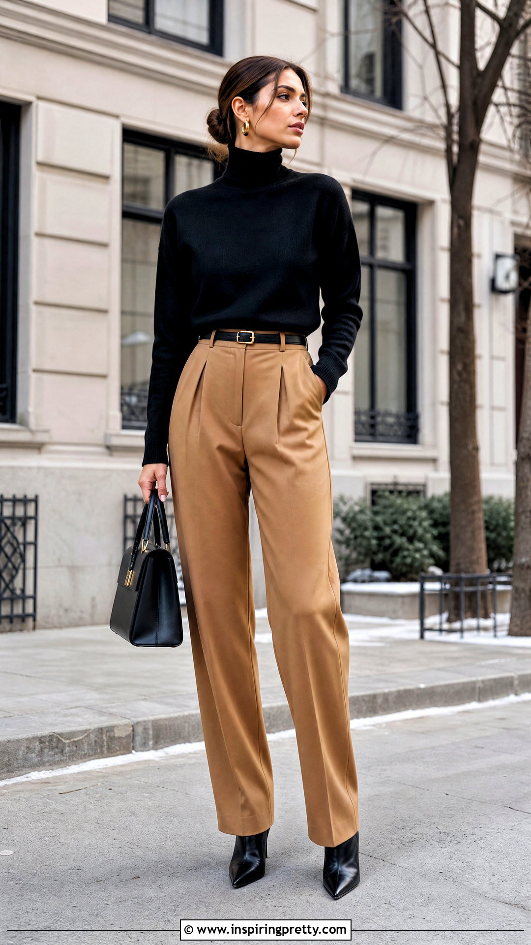 Black Turtleneck And Camel Trousers Outfit - 50 elegant tops classy outfits