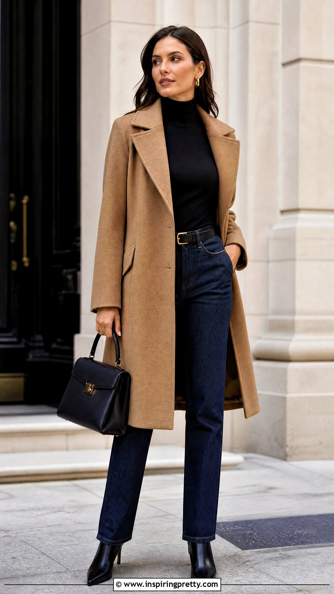 Black Turtleneck And Dark Wash Jeans Outfit - 50 black top and jeans outfit ideas
