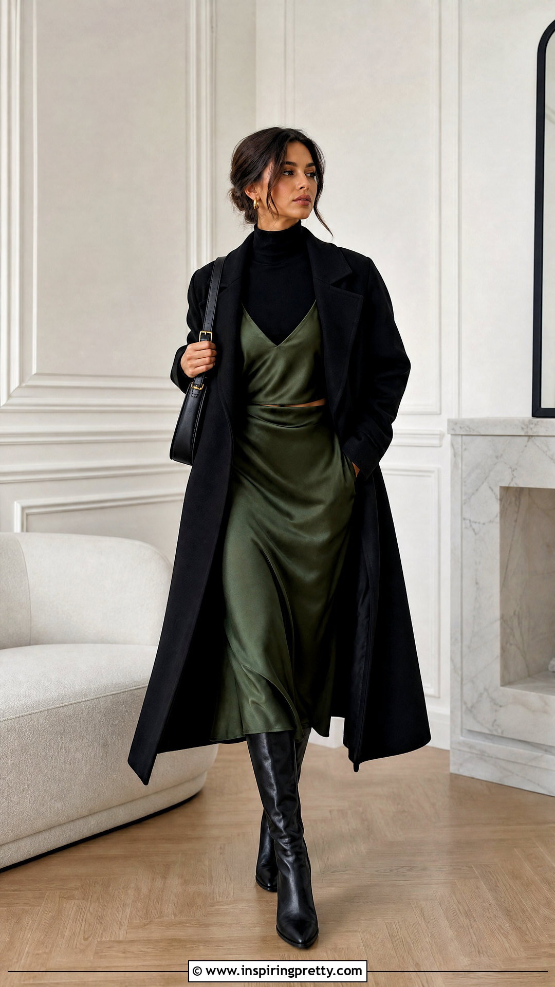 Black Turtleneck Crop Top Under A Slip Dress - 20 black long sleeve turtleneck crop top outfit ideas
