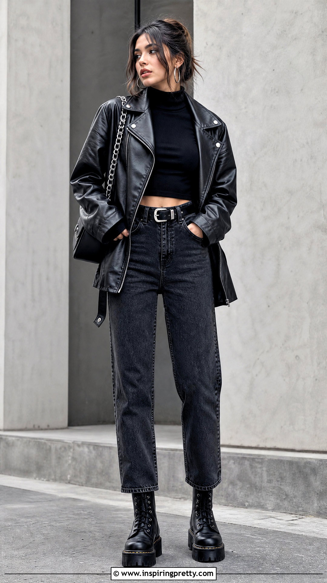 Black Turtleneck Crop Top With Black Jeans And Leather Jacket - 20 black long sleeve turtleneck crop top outfit ideas