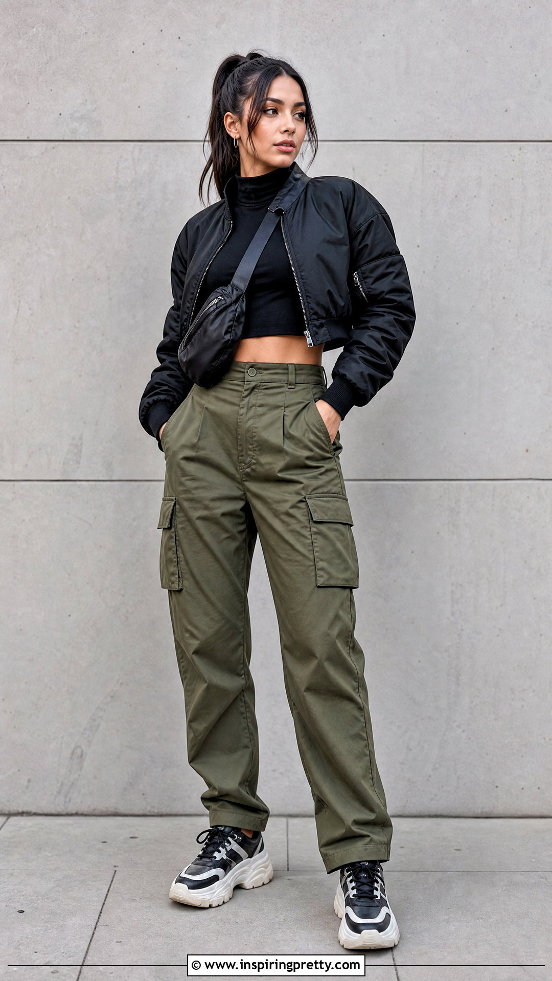 Black Turtleneck Crop Top With Cargo Pants - 20 black long sleeve turtleneck crop top outfit ideas