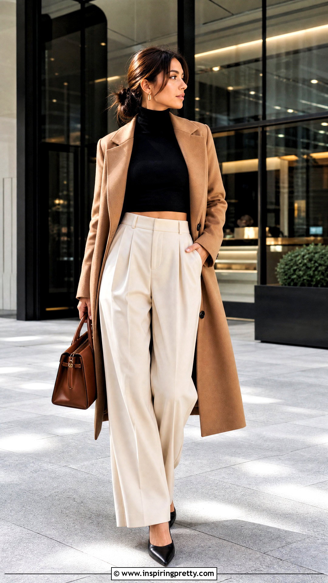 Black Turtleneck Crop Top With Cream Trousers - 20 black long sleeve turtleneck crop top outfit ideas