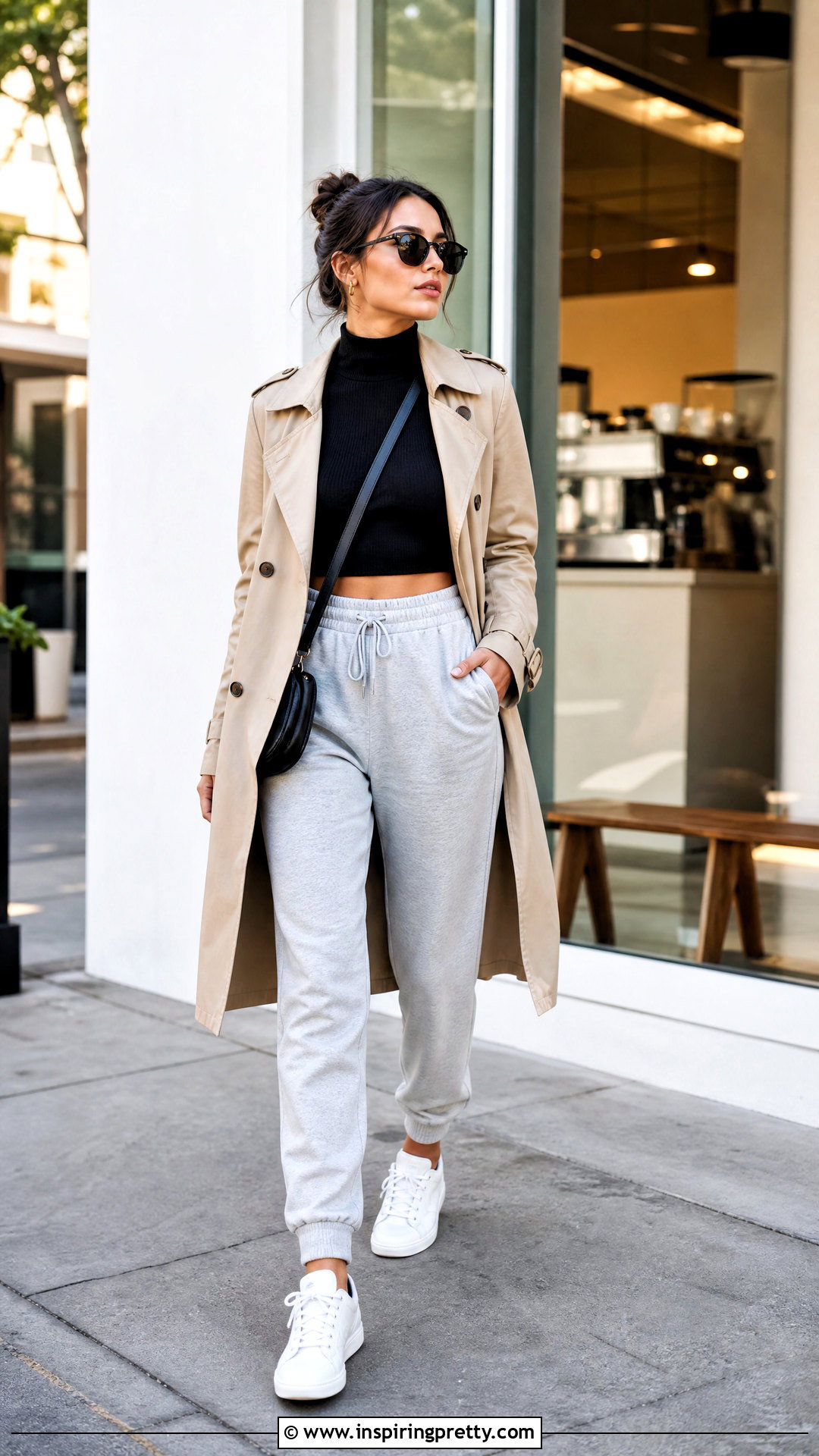 Black Turtleneck Crop Top With Joggers And Trench Coat - 20 black long sleeve turtleneck crop top outfit ideas
