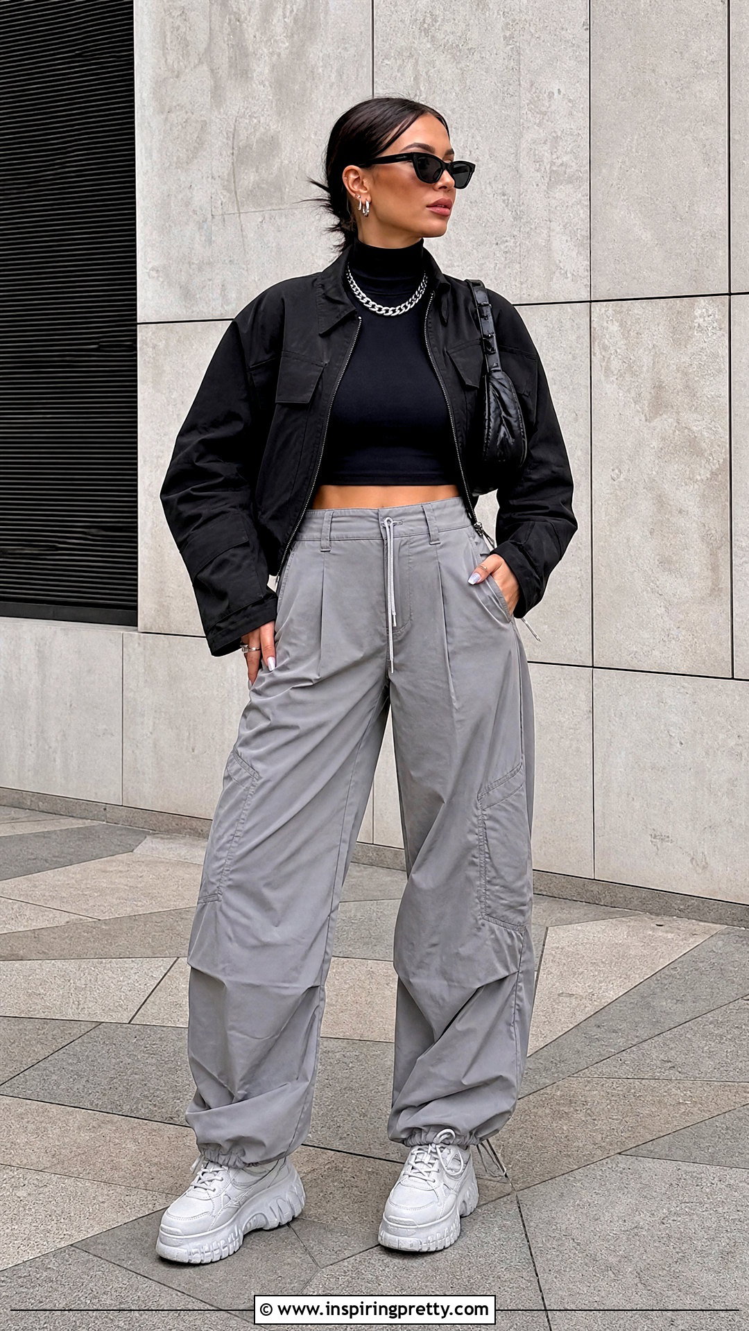 Black Turtleneck Crop Top With Parachute Pants - 20 black long sleeve turtleneck crop top outfit ideas