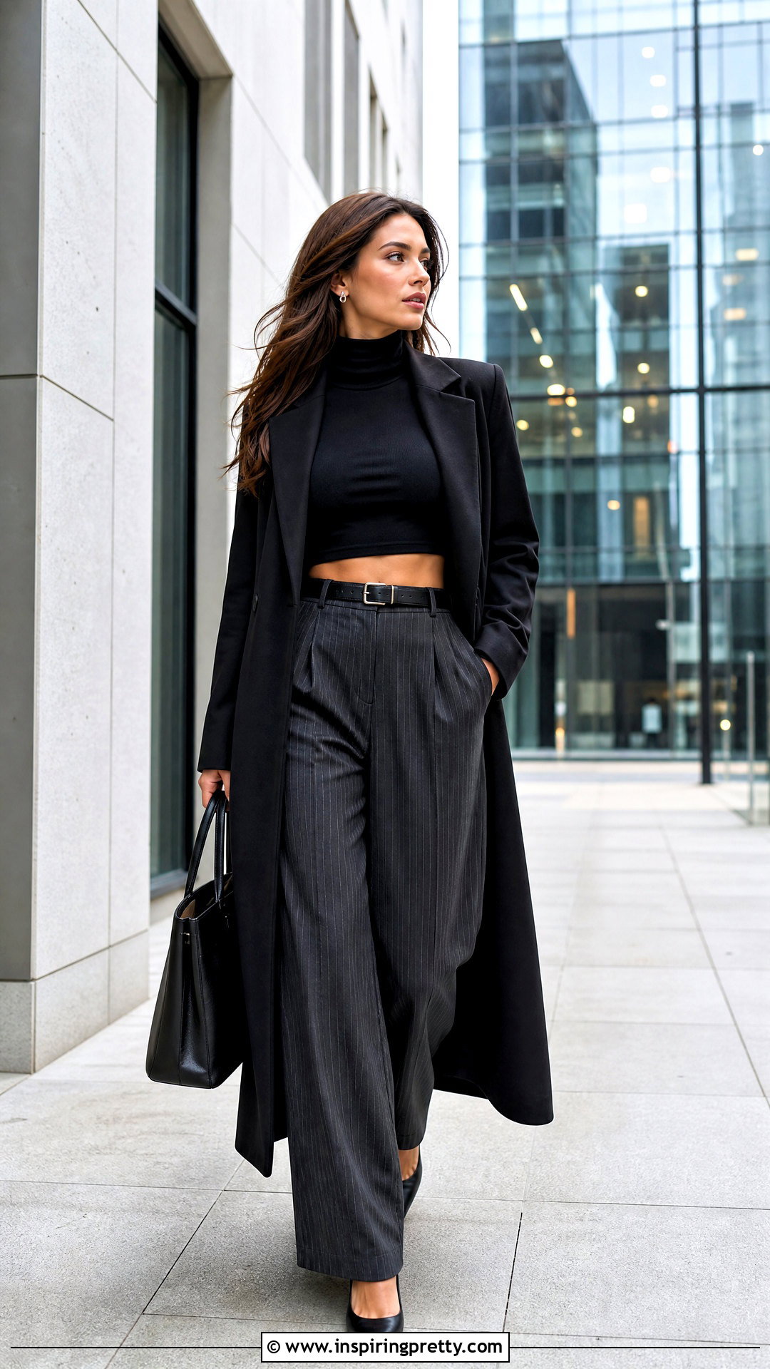 Black Turtleneck Crop Top With Suit Trousers And Long Coat - 20 black long sleeve turtleneck crop top outfit ideas