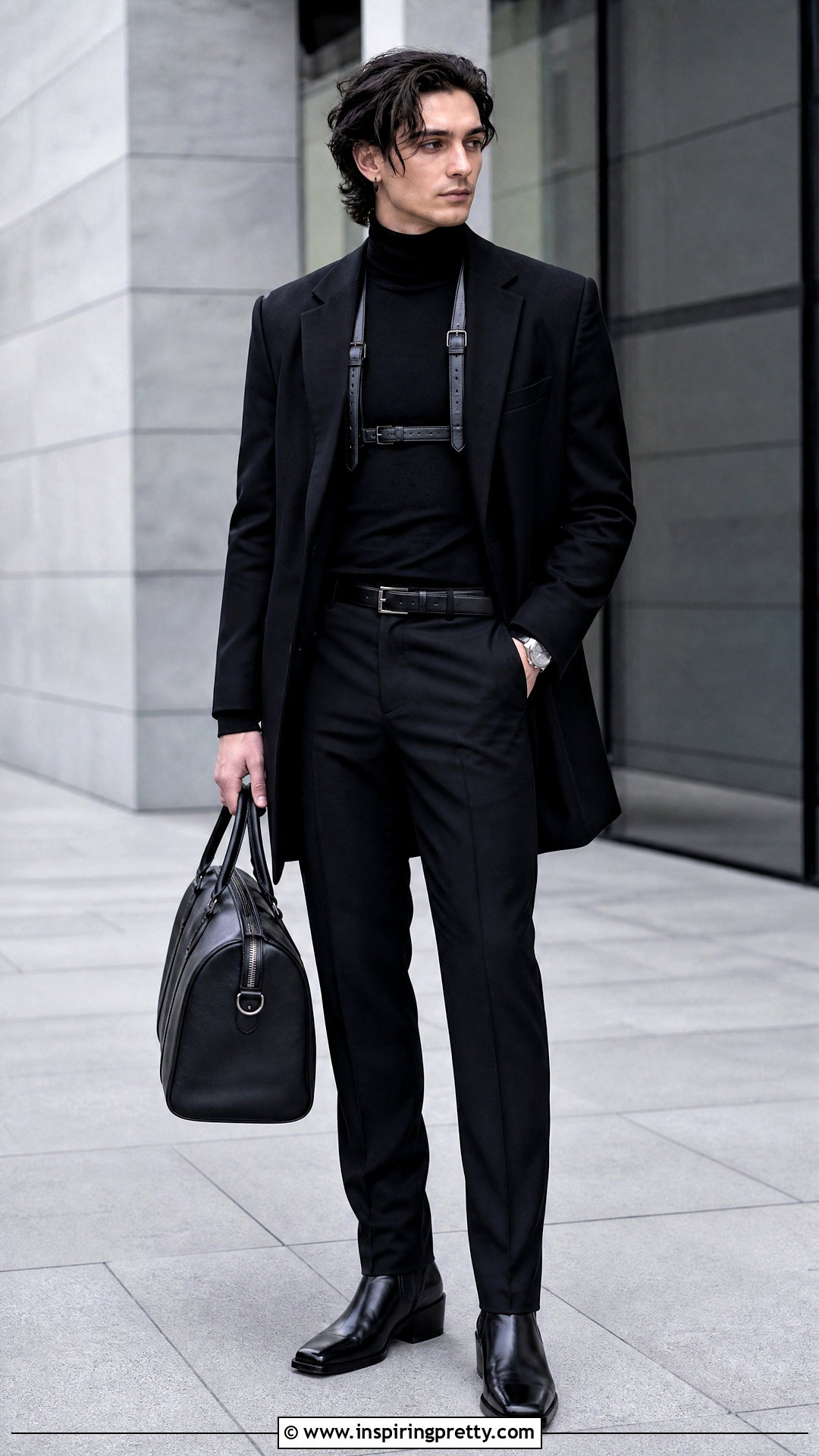 Black Turtleneck Goth Top With Harness And Trousers - 25 goth tops men