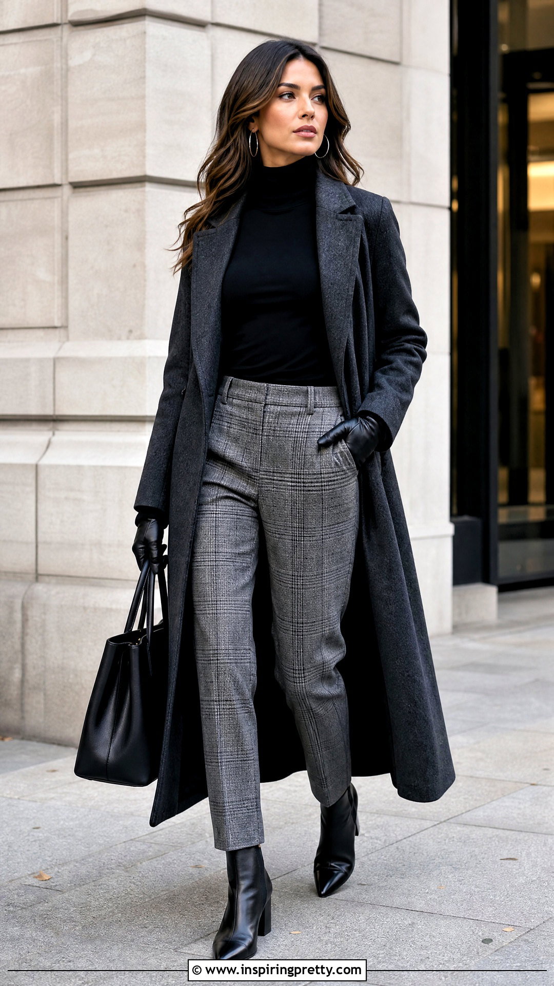 Black Turtleneck Top With Leather Gloves And Plaid Trousers - 25 Black Top With Gloves