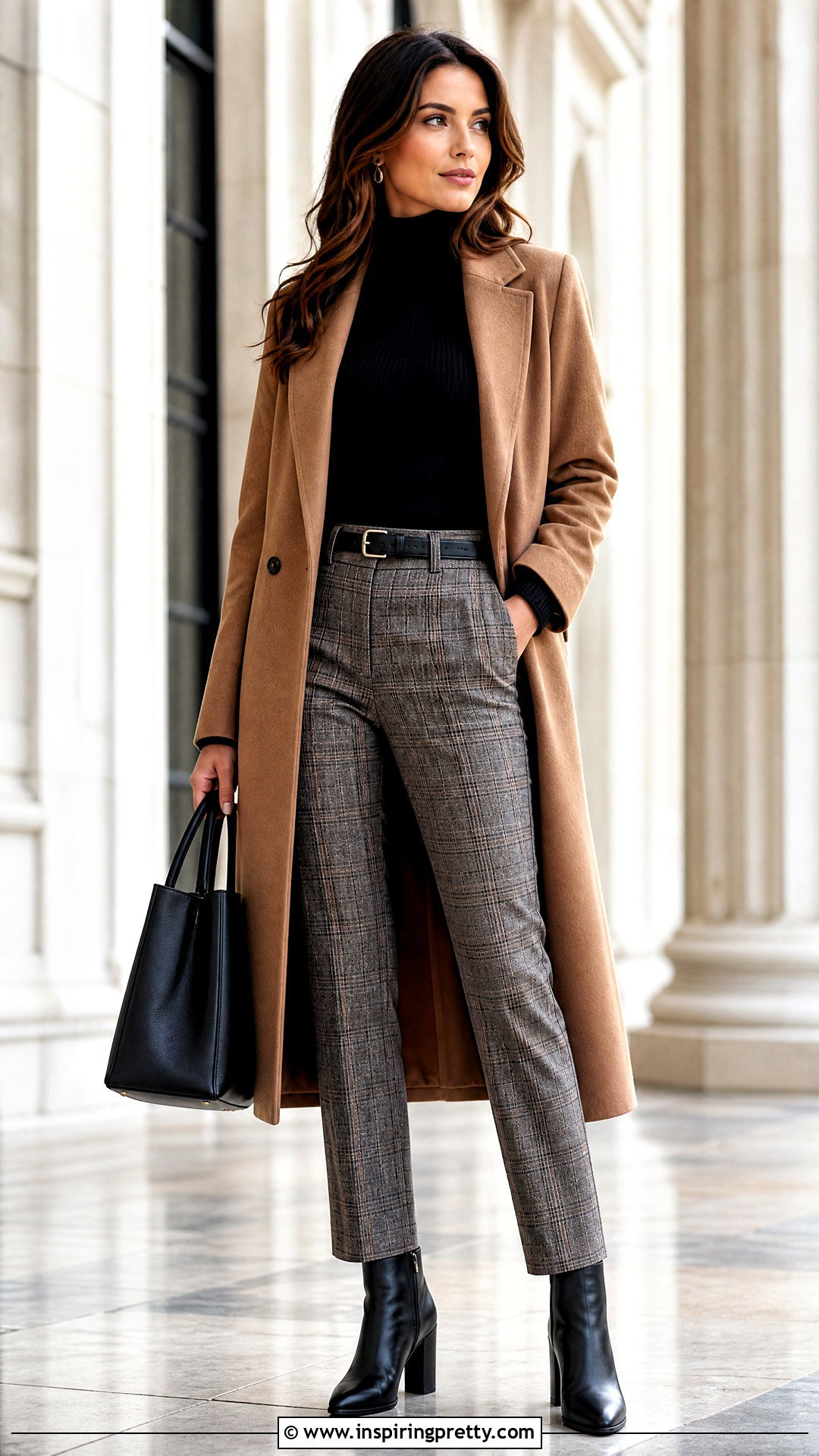 Black Turtleneck Top With Plaid Trousers - 50 fall tops outfit ideas