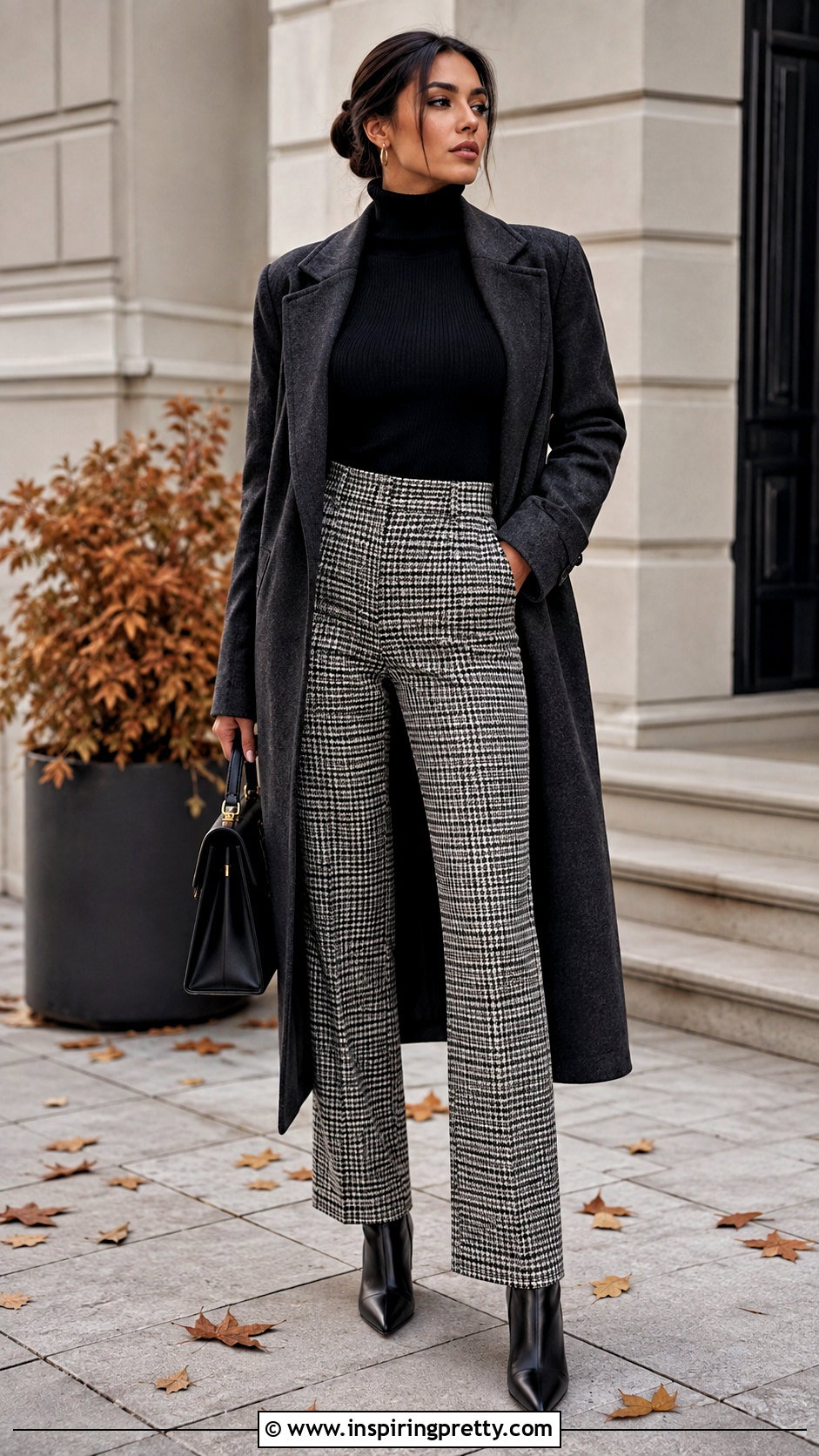 Black Turtleneck With Black And White Checkered Pants - 25 Tops To Wear With Black And White Checkered Pants