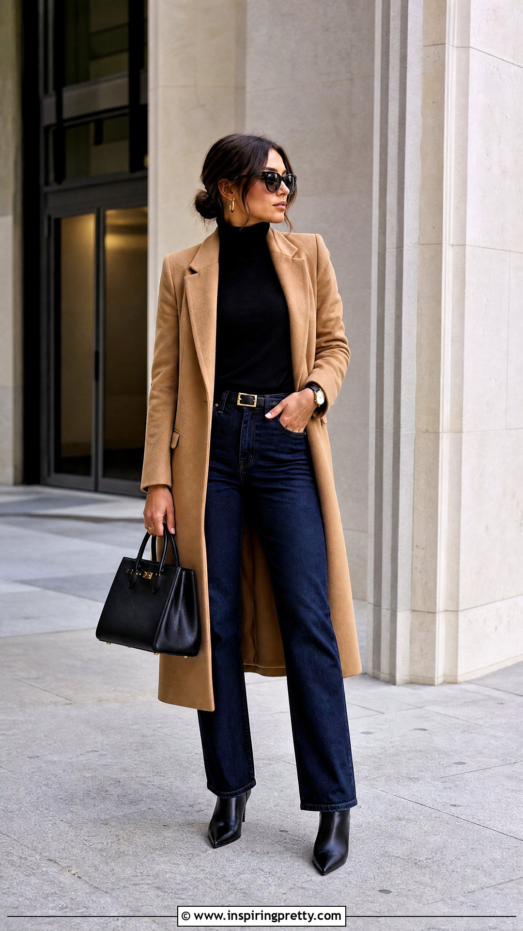 Black Turtleneck With Dark Blue Jeans - 50 blue jeans black top outfit ideas
