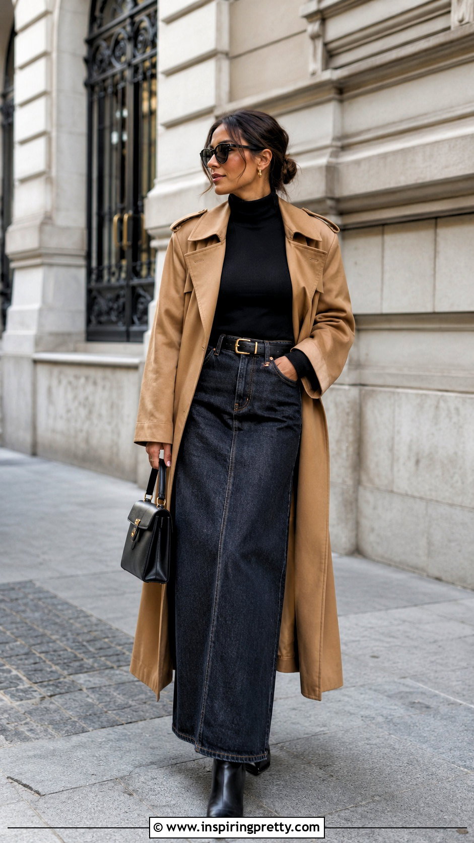 Black Turtleneck With Denim Maxi Skirt And Ankle Boots - 20 Black Top With Denim Skirt And Accessories