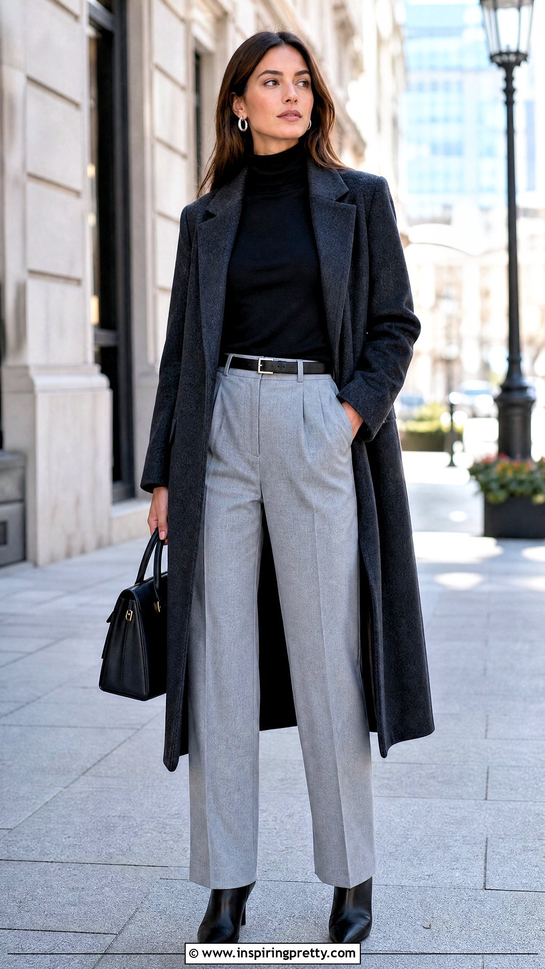 Black Turtleneck With Gray Trousers - 50 black top outfit ideas