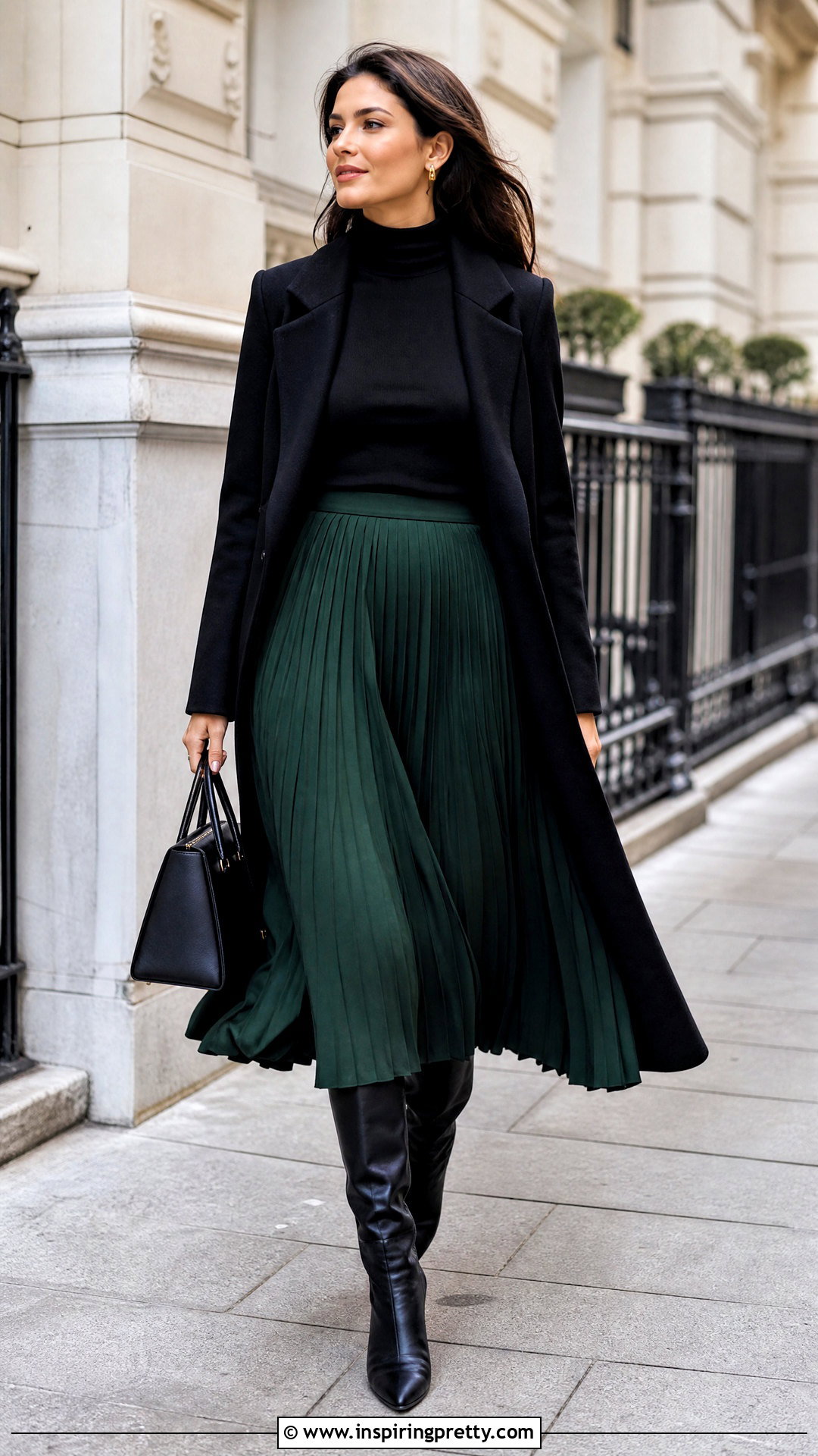 Black Turtleneck With Green Midi Skirt - 20 green and black fashion top outfit ideas