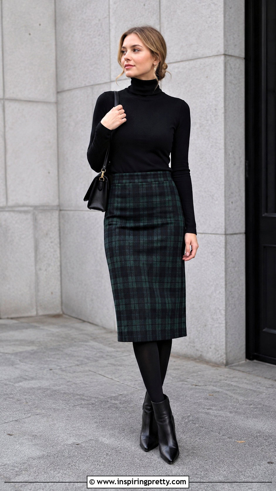 Black Turtleneck With Plaid Skirt and Ankle Boots - 20 tops to wear with plaid skirts
