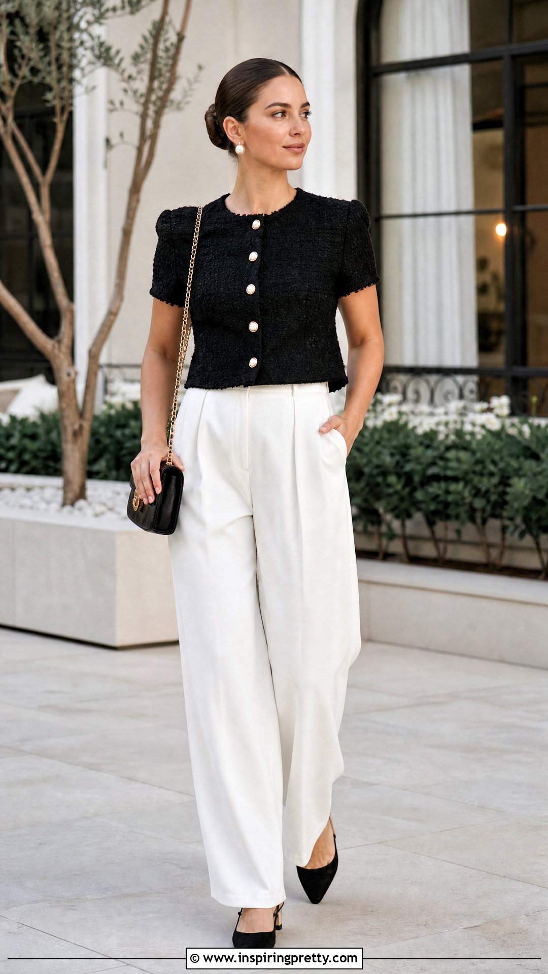 Black Tweed Top With White Pants - 50 tweed top outfit ideas