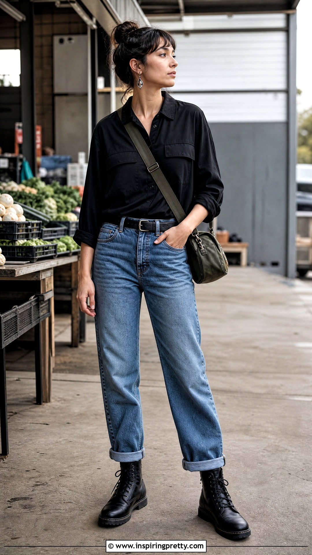 Black Utility Shirt With Relaxed Jeans And Combat Boots - 50 black top and blue jeans outfit ideas