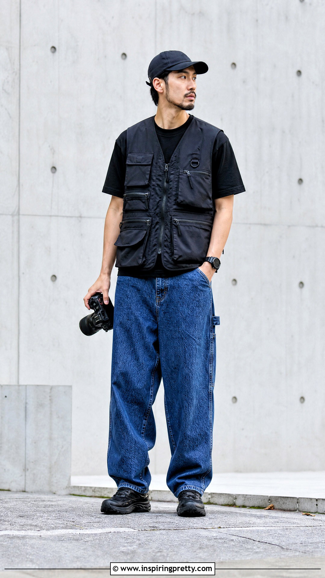 Black Utility Vest With Black Tee And Cargo Jeans - 25 Black Top With Jeans Men