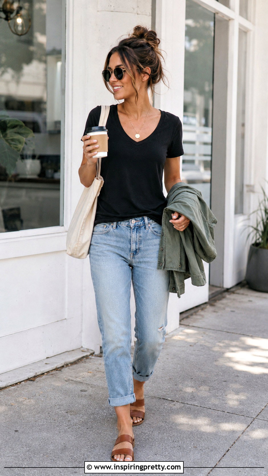 Black V Neck T Shirt With Boyfriend Jeans And Slides - 20 Casual Black Top With Jeans