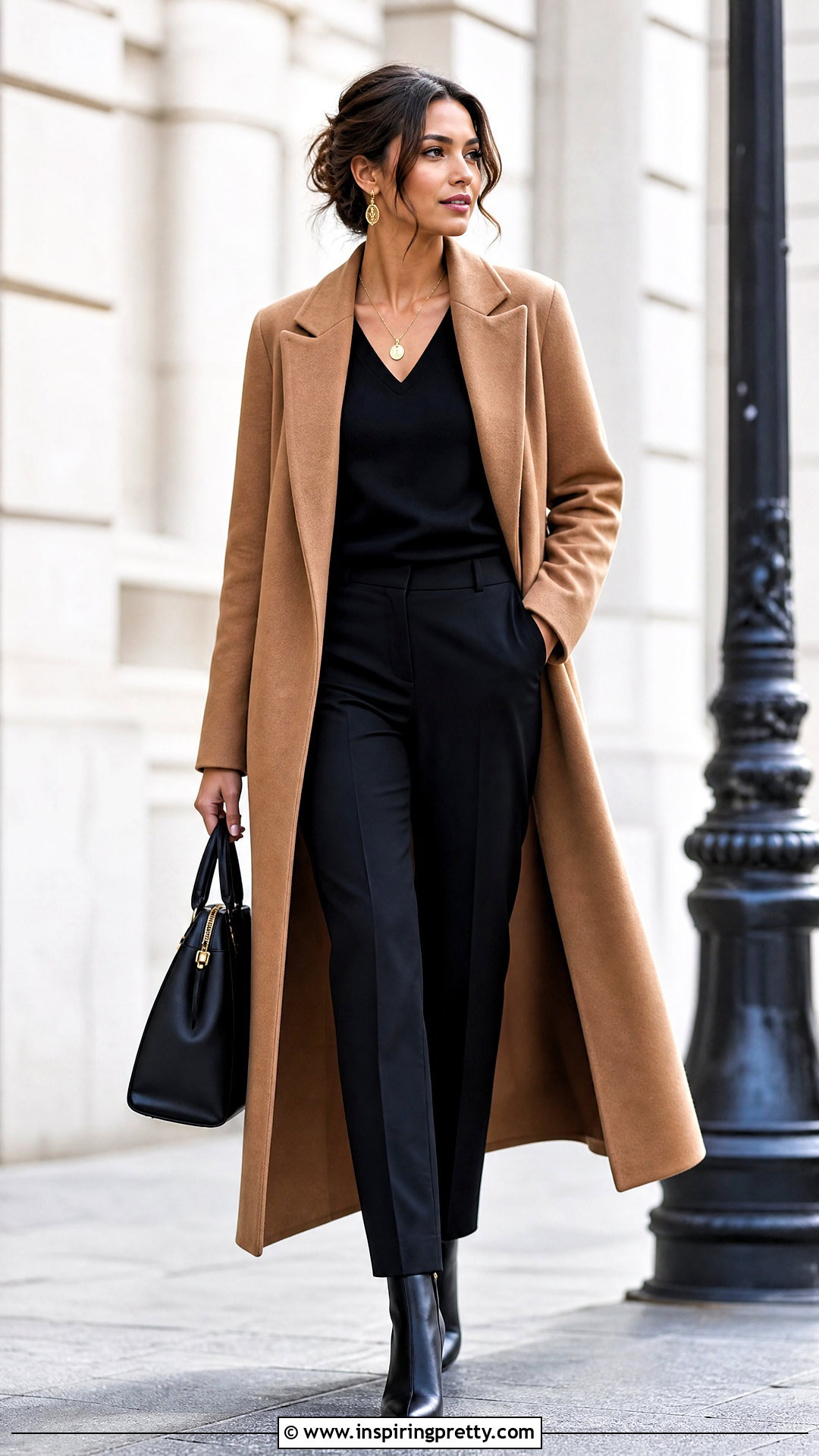 Black V Neck Top With Camel Coat - 50 black v neck top outfit ideas