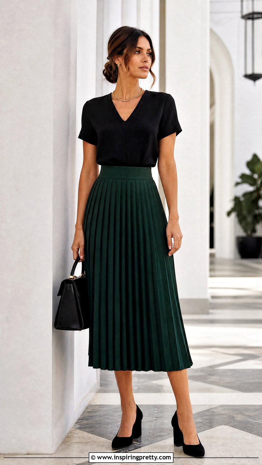 Black V Neck Top With Pleated Skirt - 50 black v neck top outfit ideas