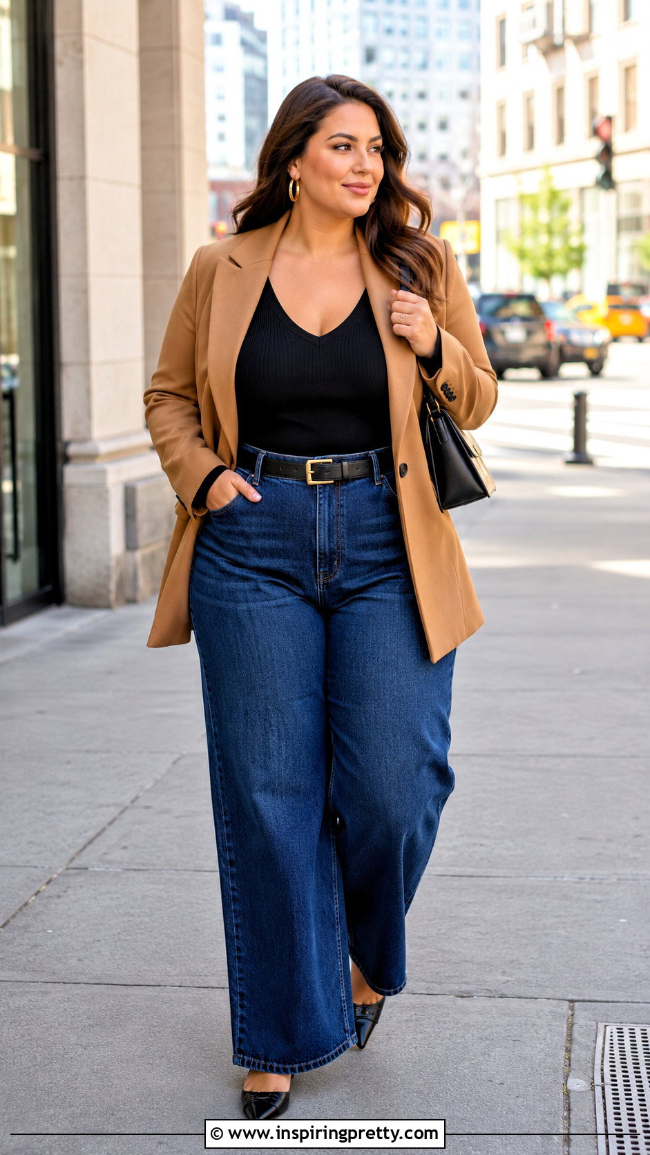 Black V Neck Top With Wide Leg Jeans - 20 busty black top outfit ideas