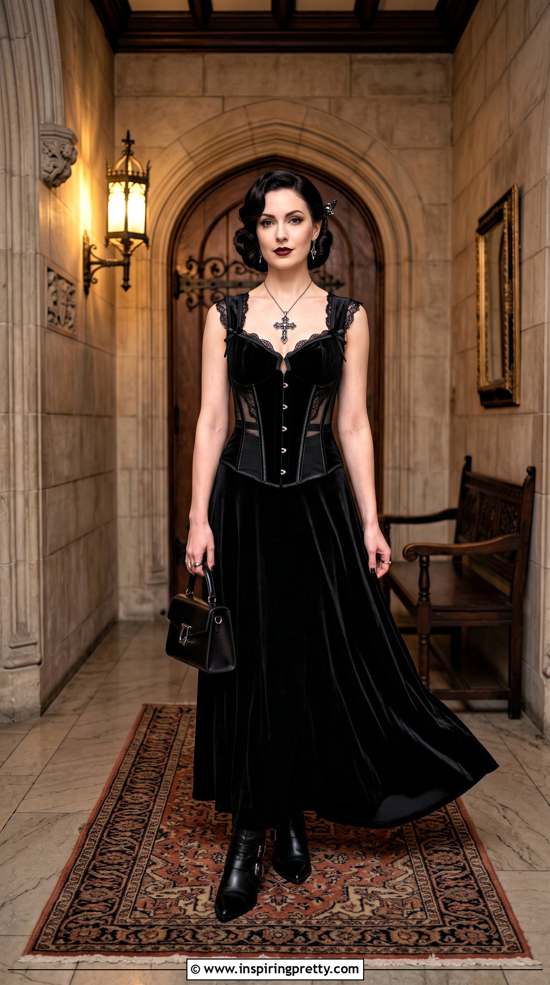 Black Vampire Corset Top With Velvet Maxi Skirt - 25 Vampire Corset Top outfit ideas