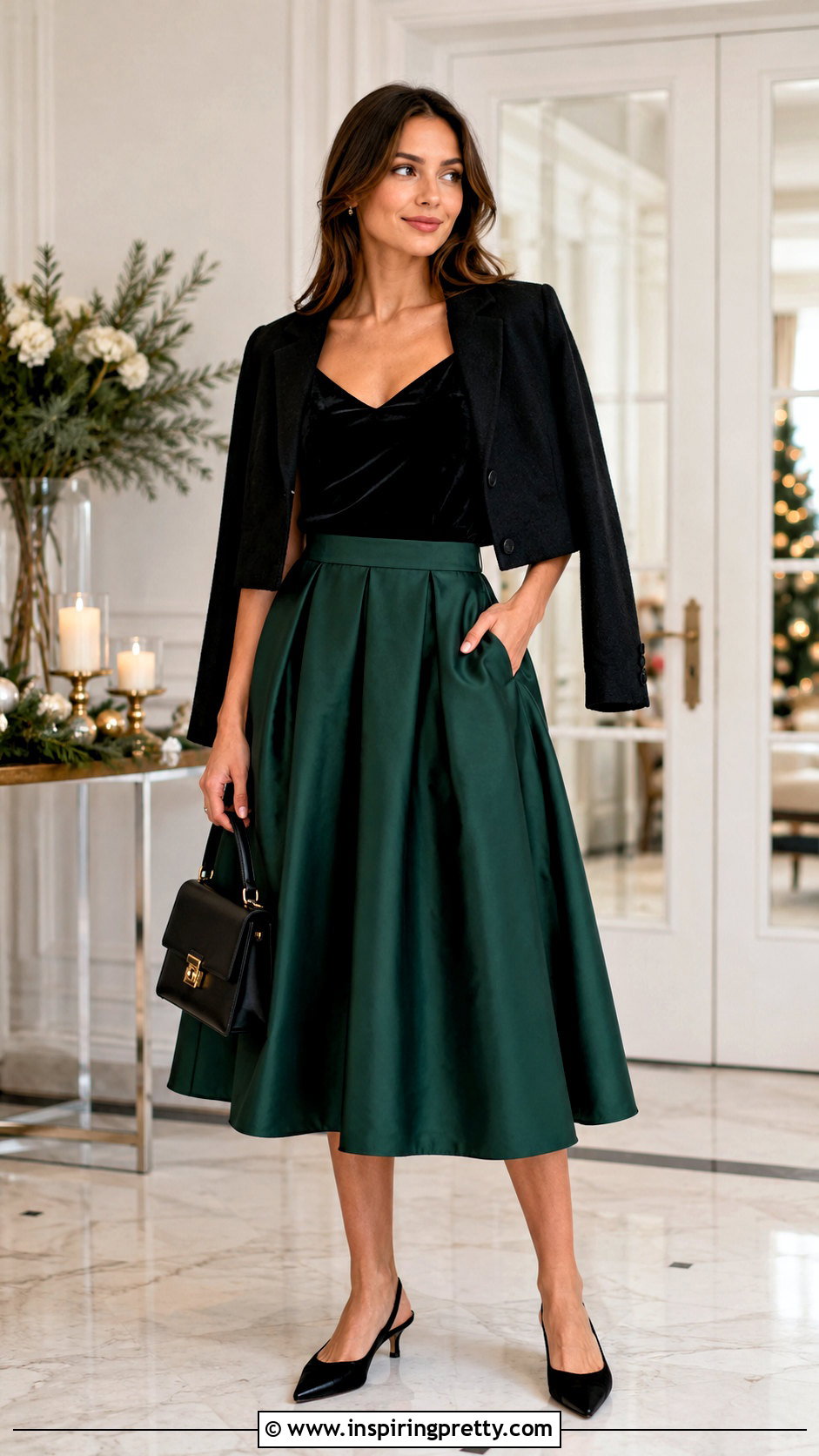 Black Velvet Cami Top With A Line Midi Skirt - 20 black velvet cami top outfit ideas